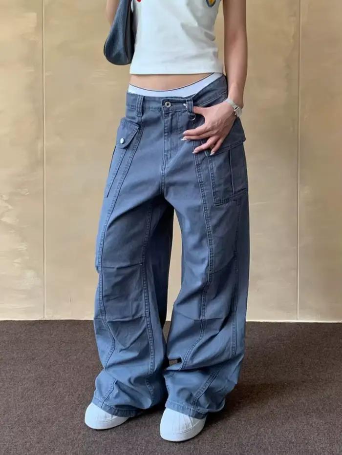 2025 Cyber Y2K mode bleu Baggy plissé Cargo jean pantalon pour femmes vêtements droit coréen décontracté pantalons longs Ropa Mujer