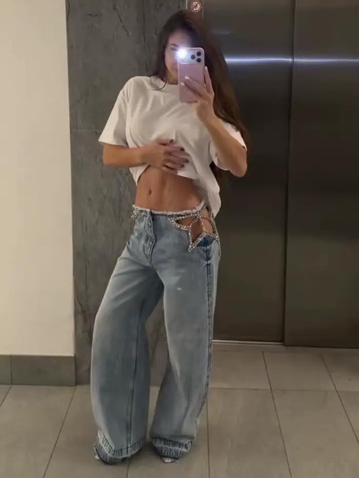 Jeans Y2K à franges en strass pour femmes, taille basse, denim ajouré, style streetwear chic et doux, haute couture printemps été 2026