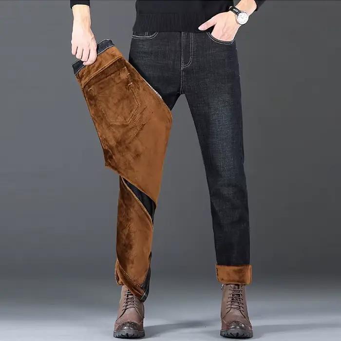 Hommes hiver neige chaud en peluche ample minimaliste jean mâle doublé polaire épaissi droit Denim pantalon coupe