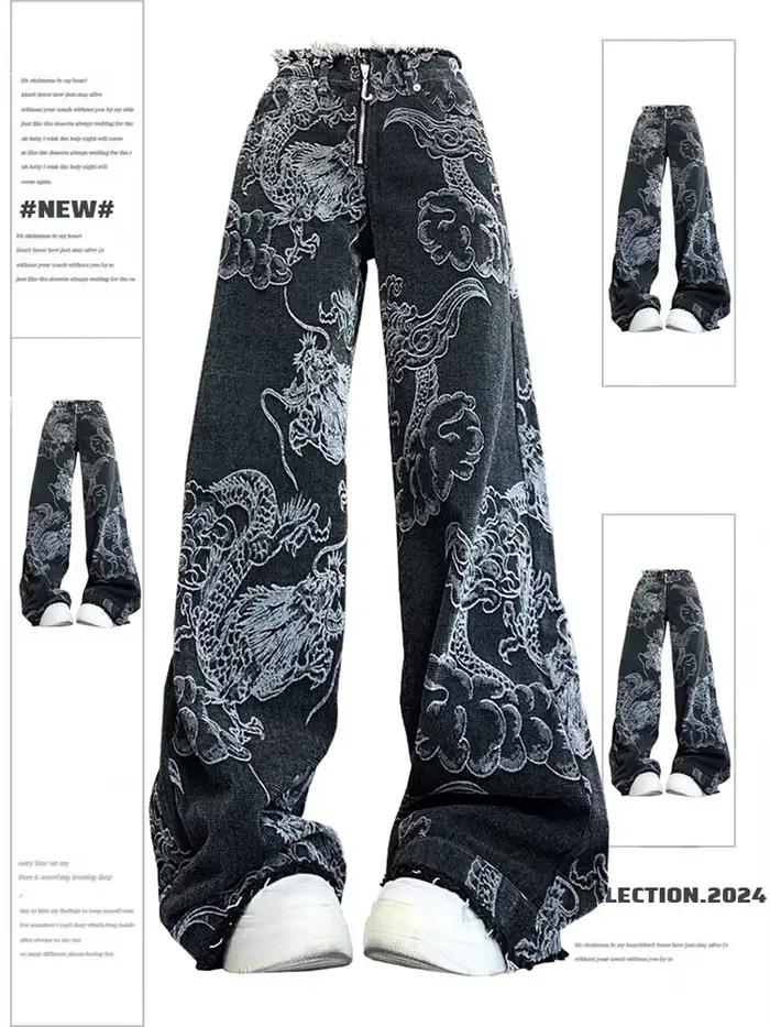 Jean gothique noir imprimé Dragon pour femmes