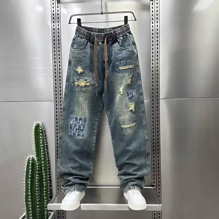 Mode lâche Hip Hop Harajuku rue jean rétro en détresse droite taille élastique pantalon de haute qualité marque de luxe hommes vêtements