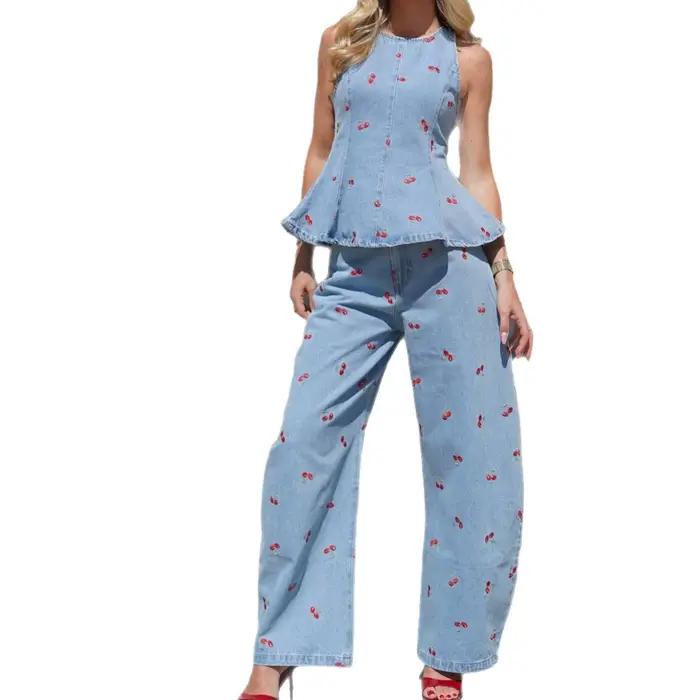 Ensemble jean rétro brodé coupe droite ample et haut sans manches décontracté pour femme – Tenue en denim confortable style urbain pour l'été