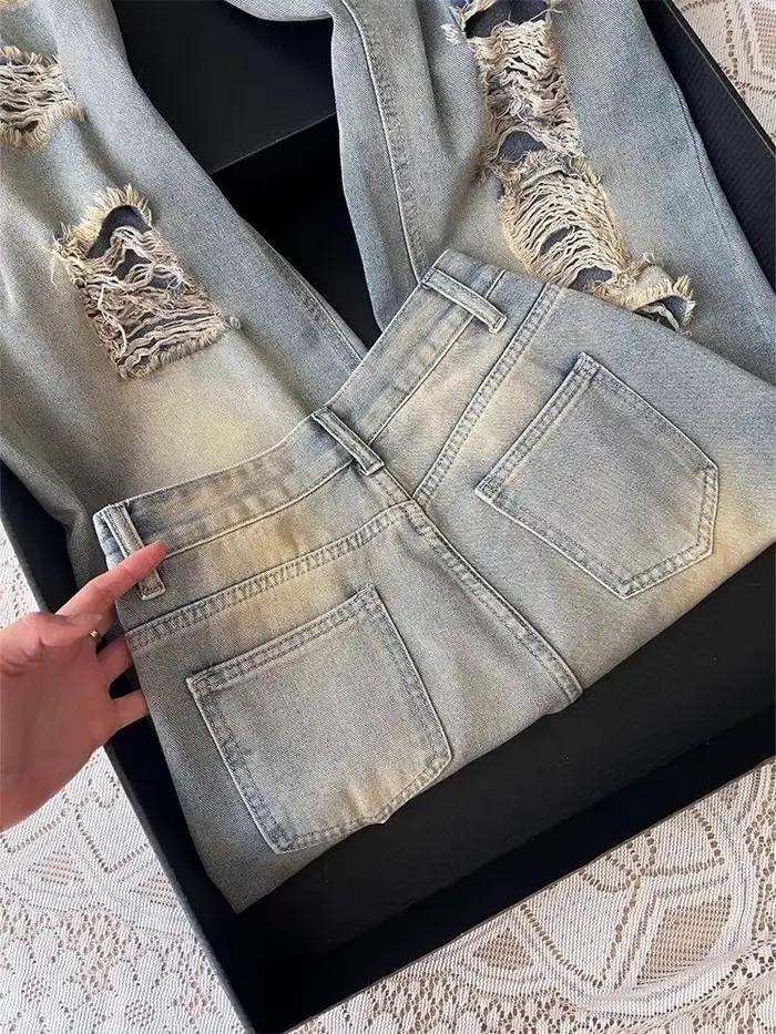 Jean droit délavé style rétro américain pour femme – Nouvelle tendance estivale