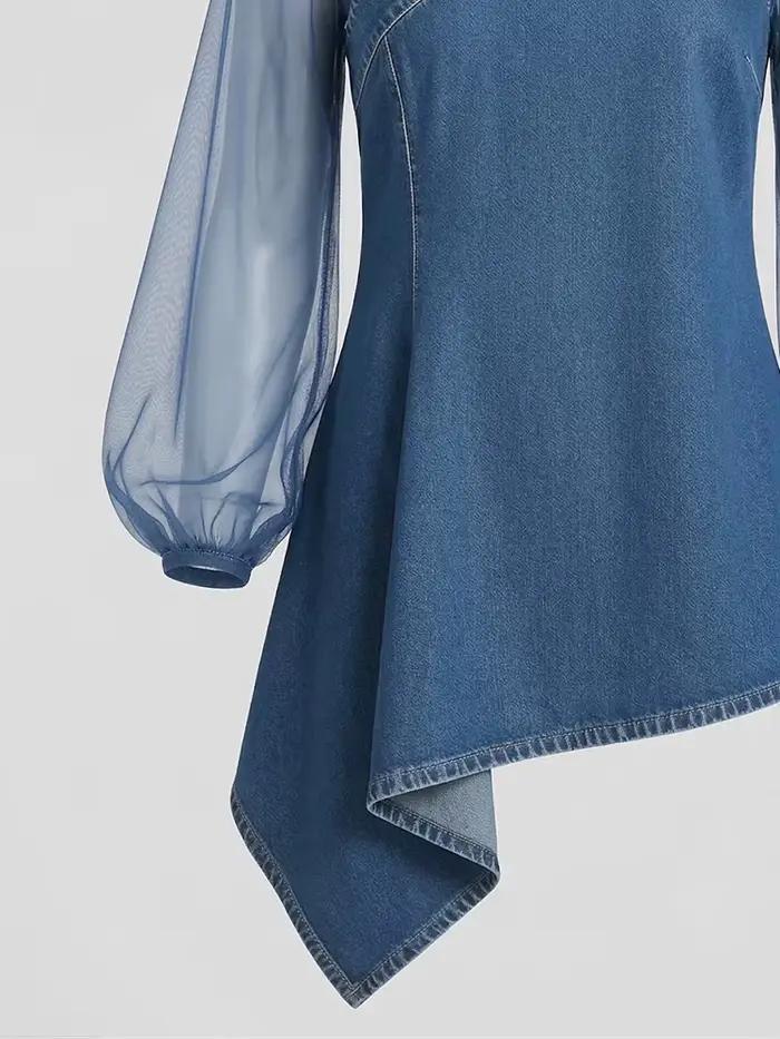 Chemisier asymétrique en jean pour femme avec manches longues en maille transparente col montant ourlet irrégulier haut tendance printemps été haute street