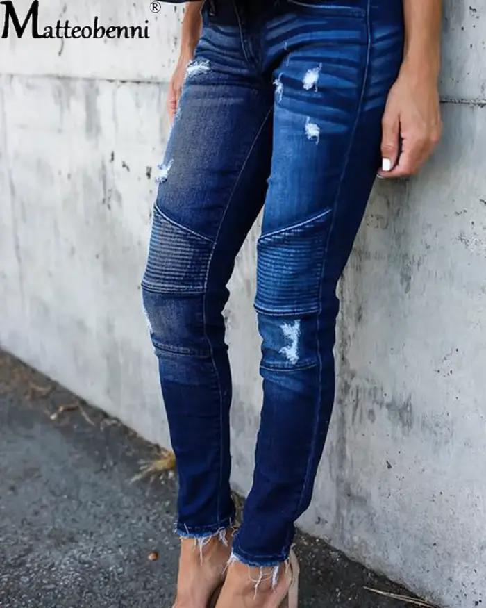 Mode taille moyenne jean moulant femmes Vintage en détresse Denim pantalon automne serti détruit crayon décontracté déchiré