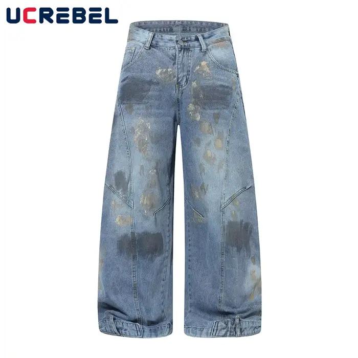 Graffiti sale lavage jean hommes poche rétro haute rue épissé jambe large Baggy Denim banane pantalon
