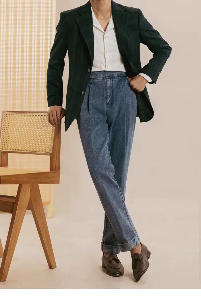 Jean Double Pli pour Hommes, Pantalon Naples en Coton Délavé, Coupe Amples et Droite, Mode Printemps-Automne, Jean Taille Haute Anglo