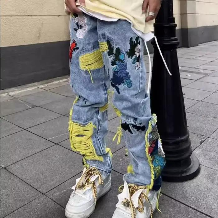 Jeans Brodés à Jambes Droites pour Couple