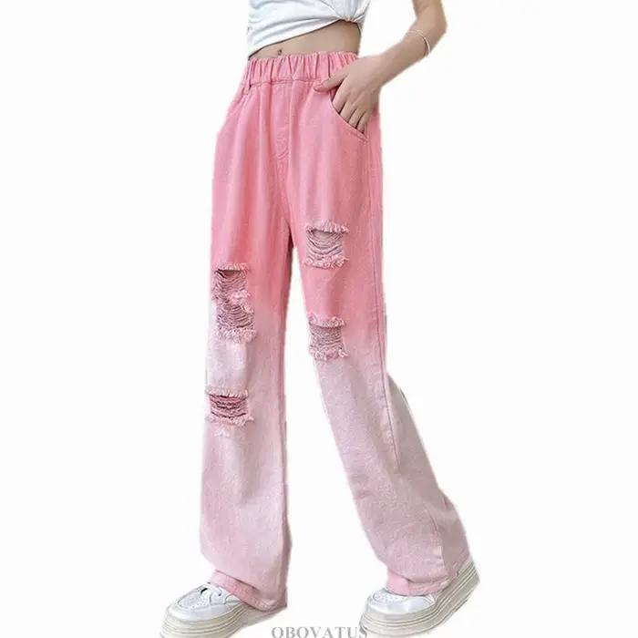 Mode enfant rose dégradé jean pour fille haute rue détruire Denim pantalon enfants concepteur cassé déchiré