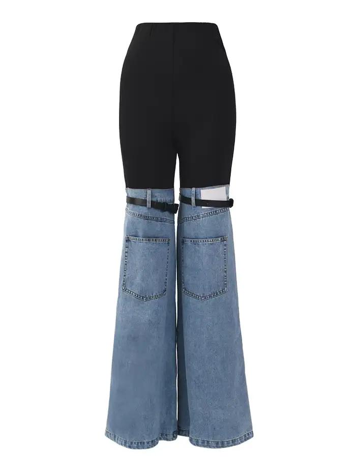 [EAM] taille haute bleu couleur bloc Denim longue jambe large jean nouveau lâche femmes pantalon mode marée printemps automne 2026 17A2013H01