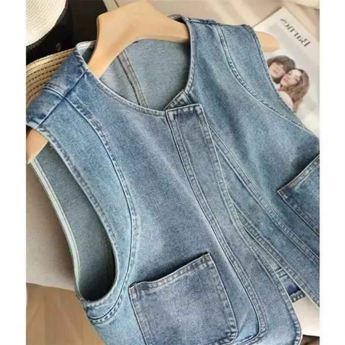 Gilet en jean pour femme sans manches col rond court style streetwear mode printemps automne haute qualité durable occassions variées