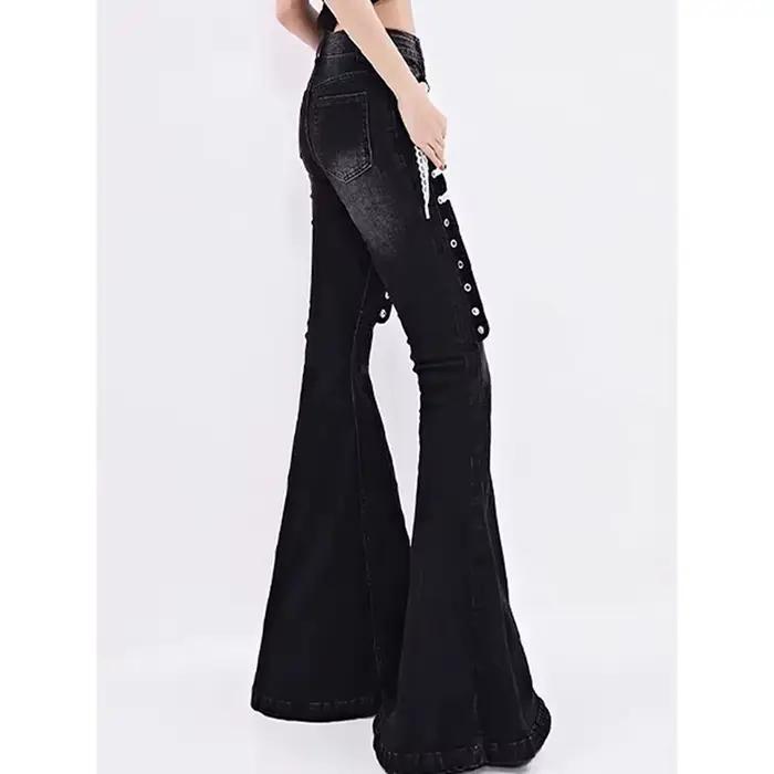 ZHIZOU femmes académique Goblin Core Harajuku Y2K taille basse dentelle jean Abi Denim Flare pantalon cloche-bas Vintage Y2k Goth Gyaru Kpop