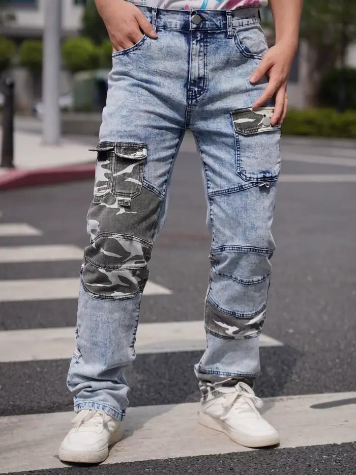 Jeans pour hommes Camouflage Patchwork tendance mode Style industriel poche décoration offre promotionnelle livraison gratuite