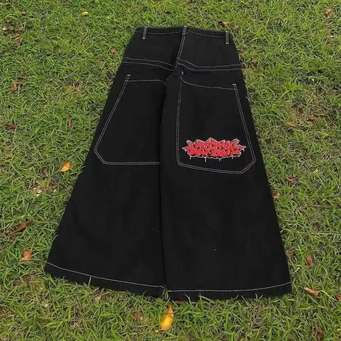Jeans brodés style streetwear, jeans hip-hop amples à jambes larges
