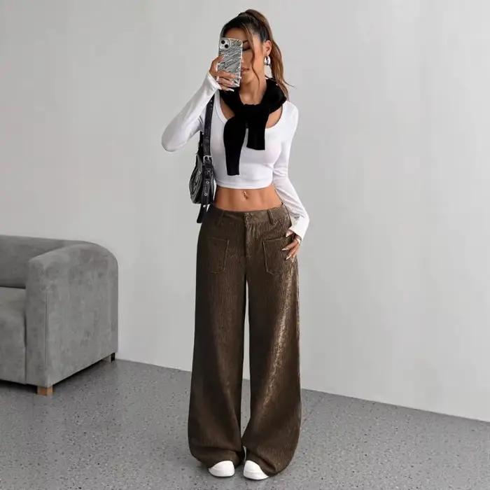 Pantalon en velours côtelé pour femmes ample et décontracté polyester automne hiver occasions variées confort moderne
