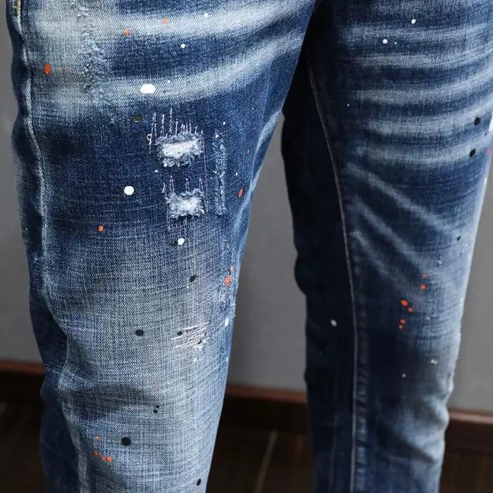 Créateur de mode hommes jean rétro bleu Stretch coupe ajustée peint déchiré