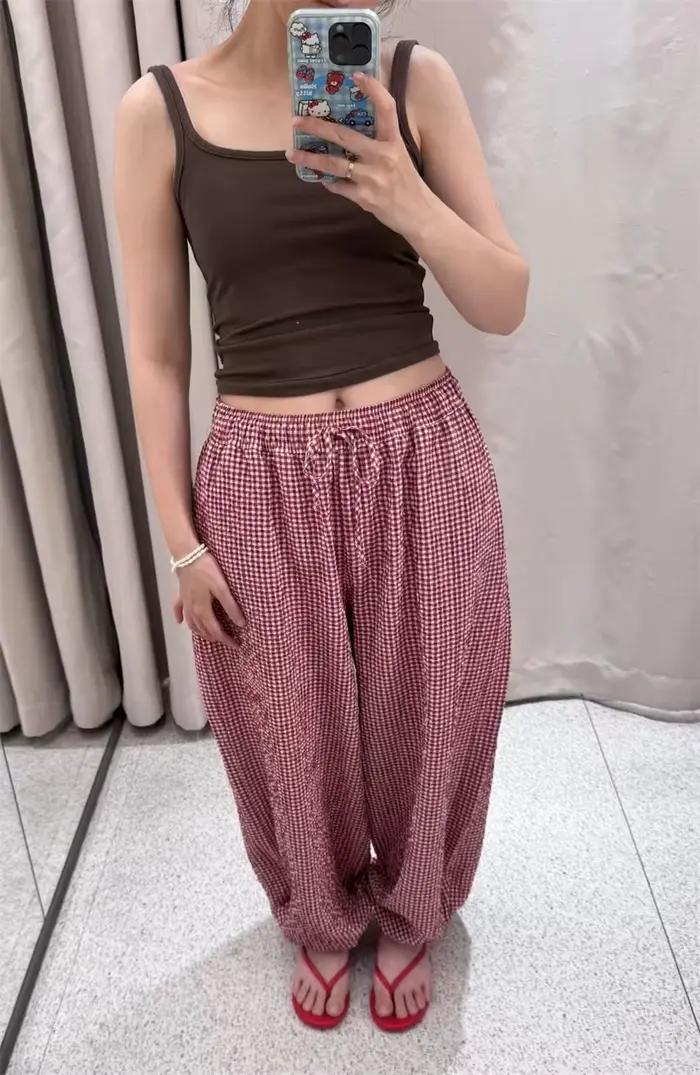 Pantalon Harem Femme 2026 Nouvelle Collection Été Rouge à Carreaux avec Cordon de Serrage – Long