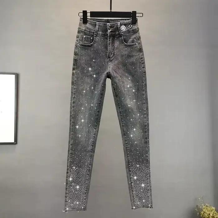 Jean femme 2025 été nouveau élastique mince industrie lourde diamant chaud petit pied crayon pantalon