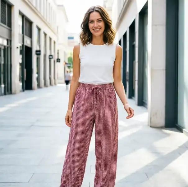 Pantalon Harem Femme 2026 Nouvelle Collection Été Rouge à Carreaux avec Cordon de Serrage – Long