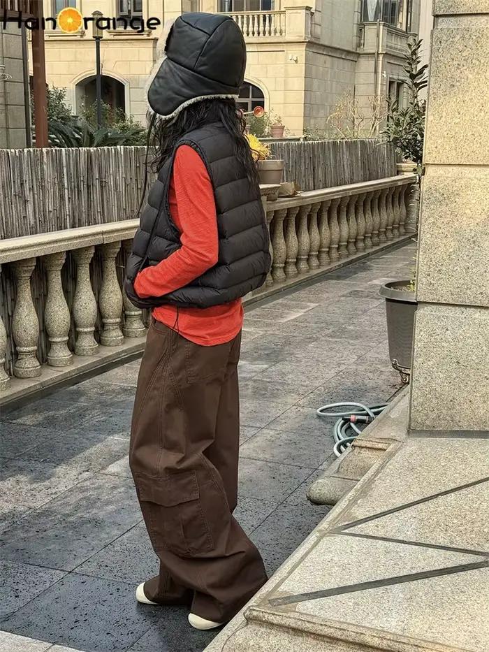 Début du printemps rétro marine noir grande poche incurvée jean femmes ample jambe large pantalon vert/café