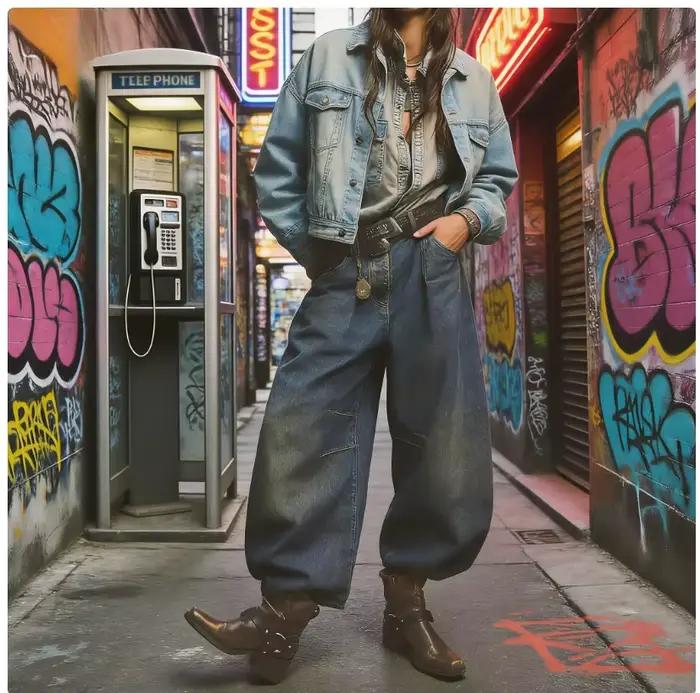 Jean en denim délavé coupe ample et jambe large taille basse pour femme – Tendance 2026 – Confort et extensibilité