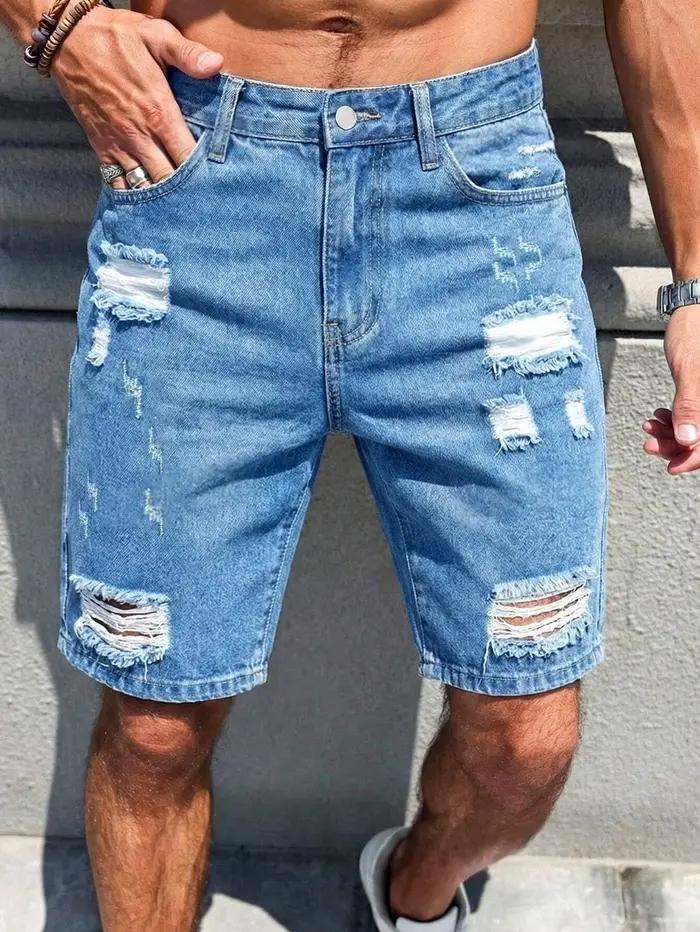 Shorts en jean délavé bleu clair pour homme, coupe slim droite, décontractés, longueur genou, pour l'été, occasions décontractées et vacances