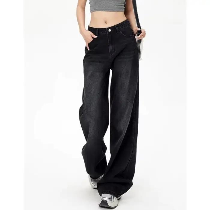 Jean taille haute rétro noir gris pour femme