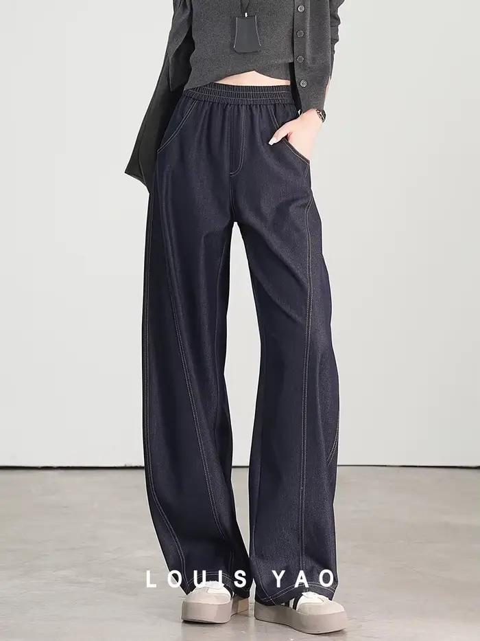 LOUIS YAO jean femme 2025 printemps lignes contrastées pantalon conception incurvée ceinture élastique