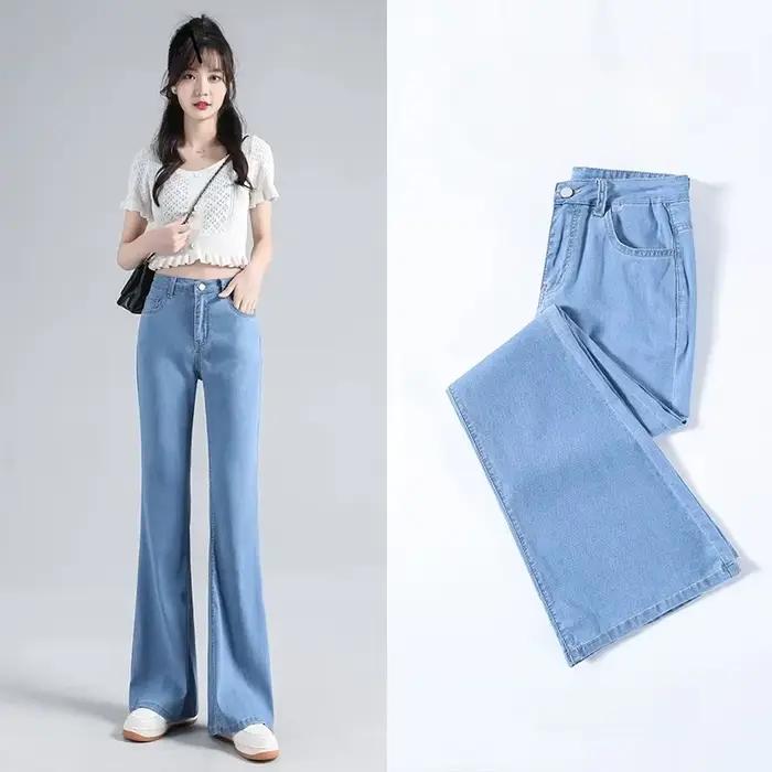 Loycell bleu ciel glace soie botte coupe pantalon 2025 été mode décontracté taille haute mince Simple polyvalent Micro évasé femmes jean
