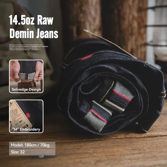 Maden Vintage 14.5oz lisière jean en Denim brut avec fermeture éclair YKK mouche broderie