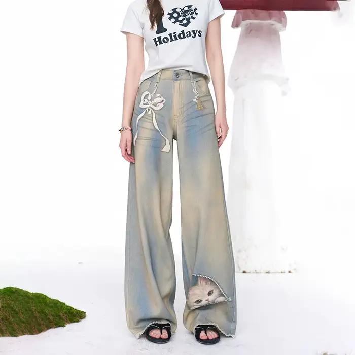 ELFSACK Jean cool à jambes larges avec imprimé chat et nœud mignons
