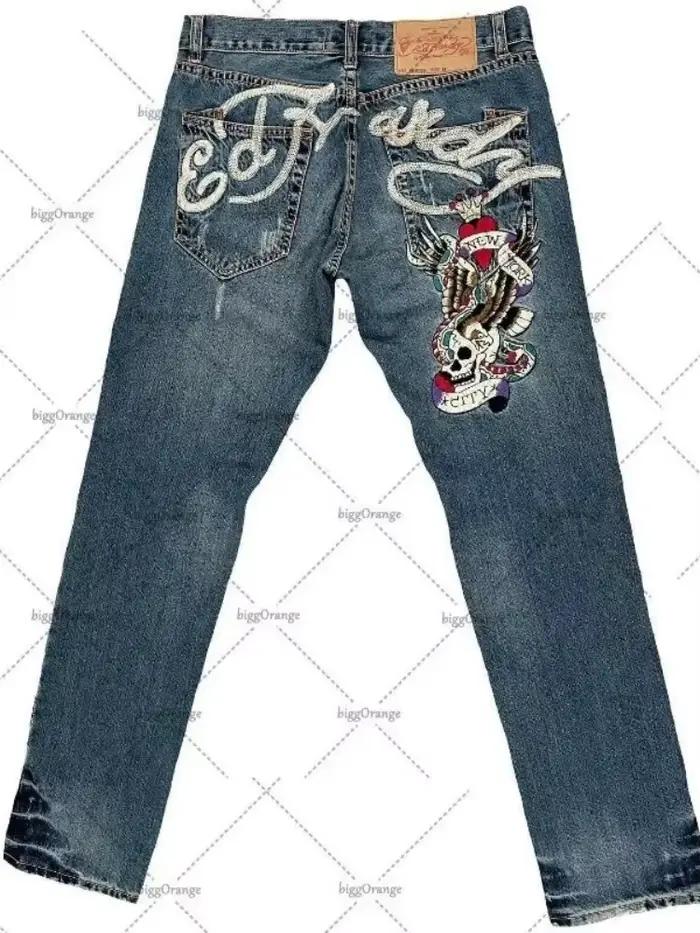 Jean pour hommes Streetwear Y2K Vintage jambe droite Denim pantalon crâne Rose flamme impression conception coupe ample rétro Punk Hip Hop mode