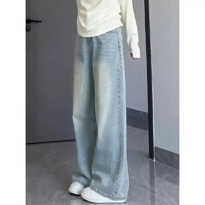 Jean large délavé taille haute pour femme