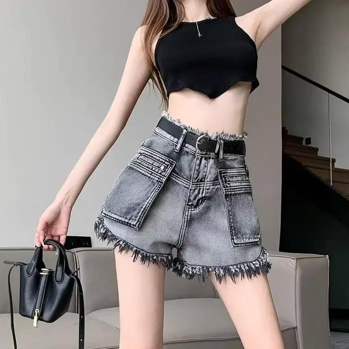 Pantalon court en Jean pour femme, taille haute, à franges, avec poches, Baggy, tendance, élégant, Y2k, Vintage, tenues chaudes, normales, 2025