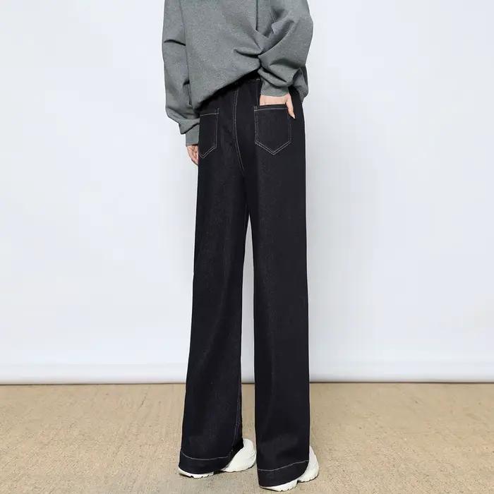 LOUIS YAO 2025 hiver épaissi taille haute jambe droite jean Long Micro élastique contraste bouton femmes pantalon