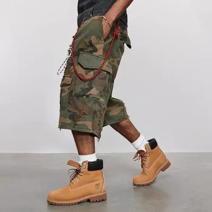 Camouflage déchiré lavé vieux hommes Vintage ample pantalon à jambes larges américain rétro Hip-Hop poche gothique haute rue jean décontracté