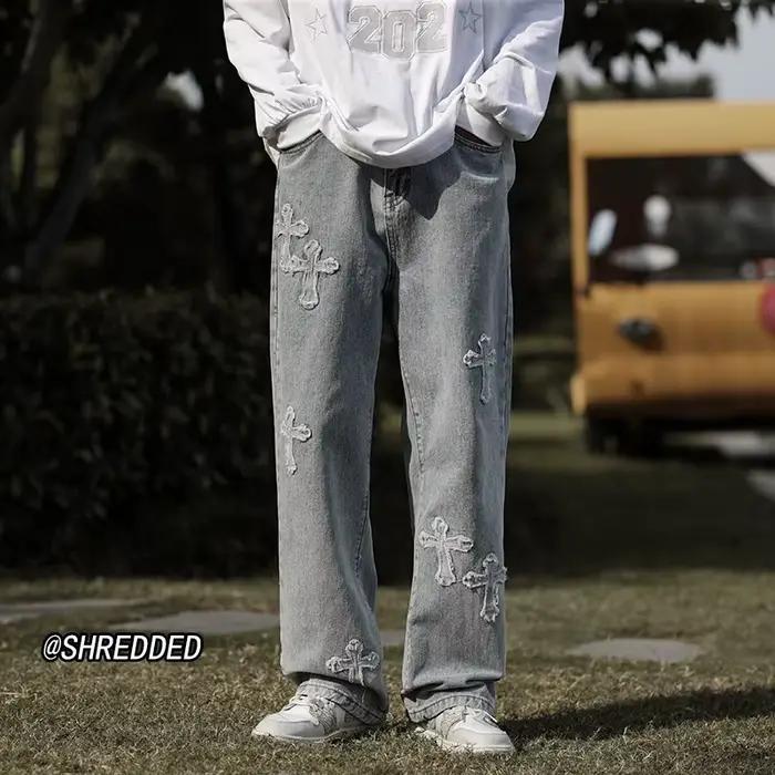 Jean en denim rétro à étiquette croisée pour homme – Tendance américaine décontractée