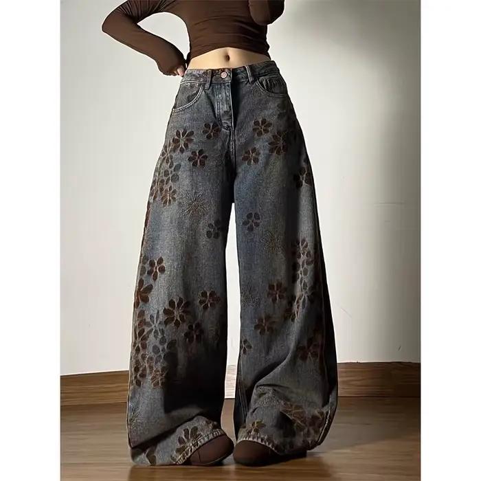 Femmes bleu Baggy Y2k Jean Vintage Harajuku taille haute broderie