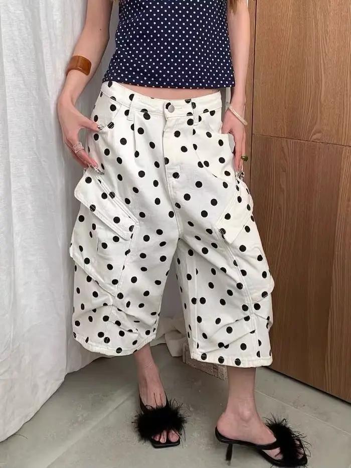 Jean court rétro américain délavé à pois imprimé intégral pour femme – Coupe ample amincissante à jambe large