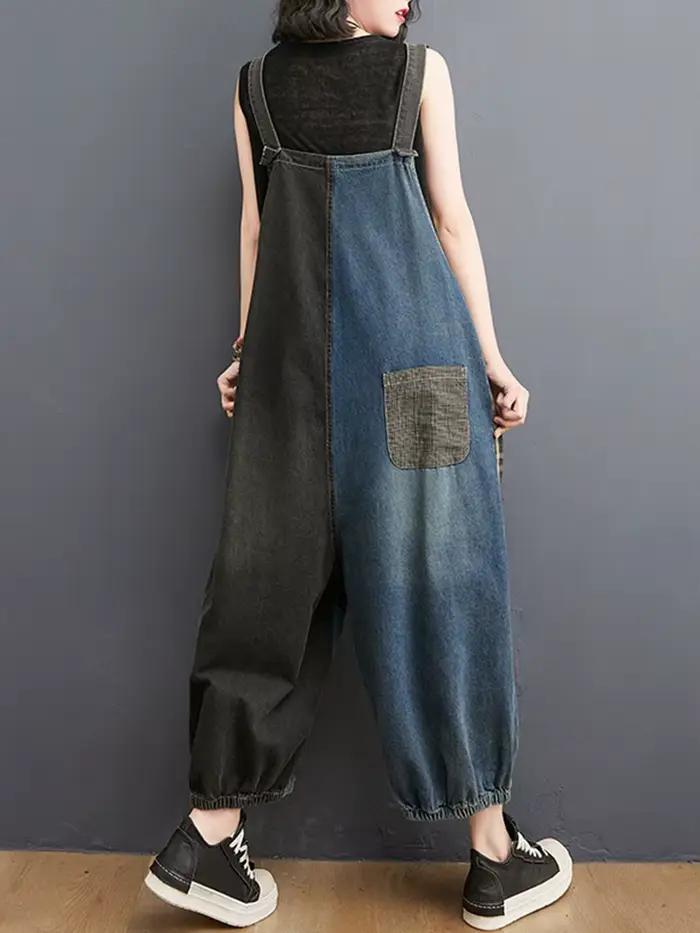Amax luluE coréen automne jean femmes Plaid déchiré Denim salopette dames Vintage Punk pantalon ample luxe classique