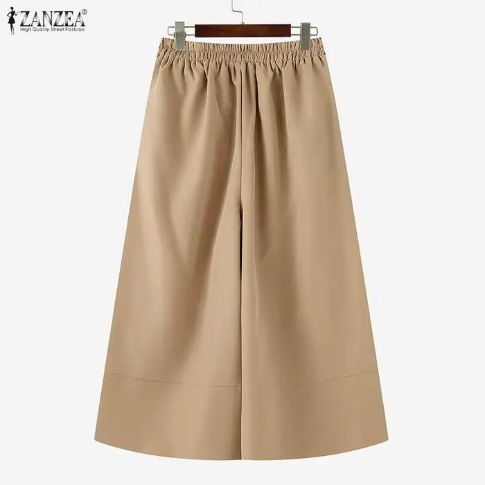 ZANZEA femmes décontracté mollet longueur pantalon élastique dos taille couleur unie jambe large recadrée