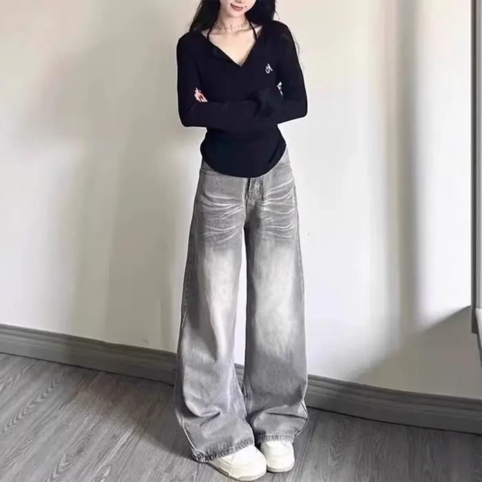 Rétro américain moka gris taille haute jambe large jean femme printemps été coupe droite pantalons longs minceur polyvalent sol-Le...