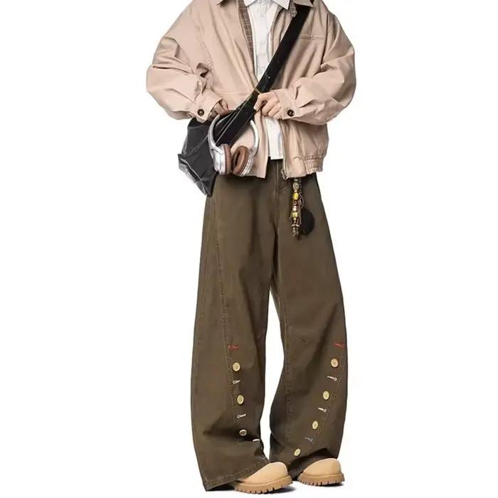 Nouveau Jean Homme Rétro à Boutons Marron Coupe Ample Décontracté Droit Courbé en Denim Printemps 2026 Style High Street Y2K