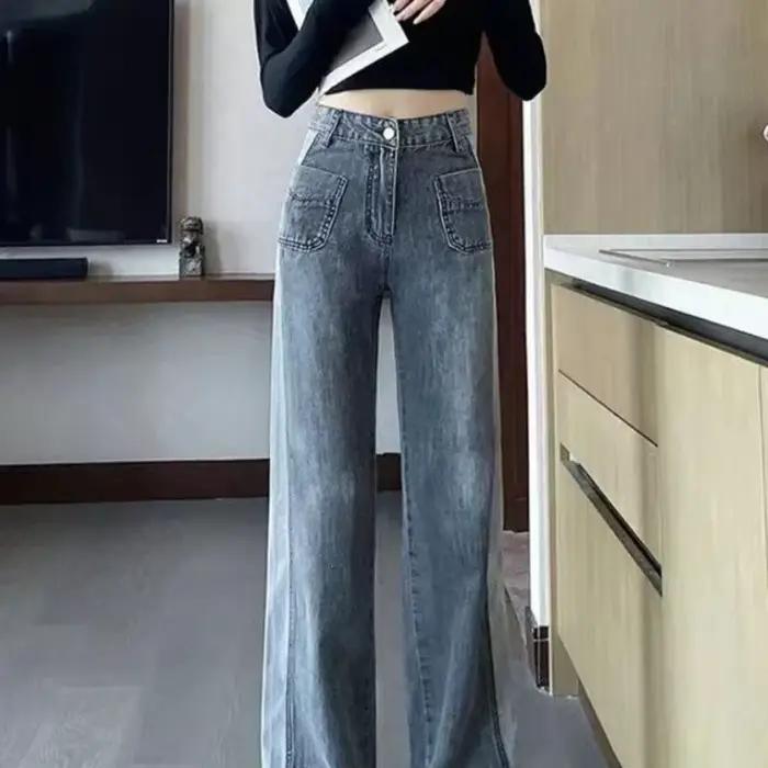 Pantalon en coton denim élastique gris pour femme, style années 90, poches boutonnées, ajustement lâche, pour toutes les saisons
