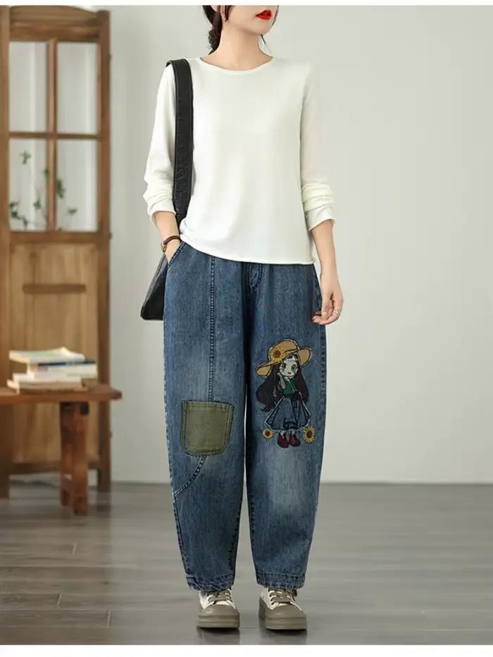 Surdimensionné printemps automne décontracté ample jean vintage broderie nouveau