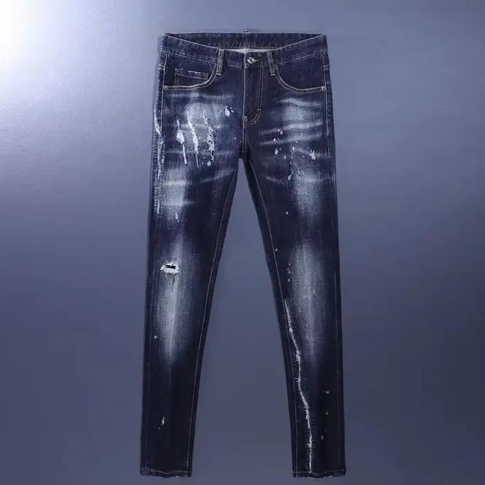 Jean homme bleu foncé avec déchirures et délavage effet vieilli pour hommes de tous âges, style high street, quatre saisons, ajustement mince, fermeture à boutonnière, toile épluchage, coton et spandex