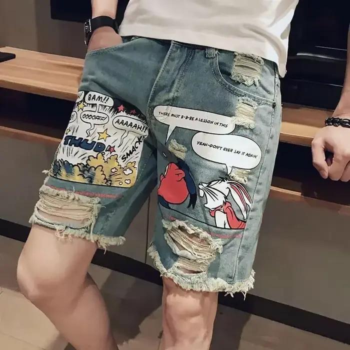 CamSolomon-Short en jean déchiré avec texte pour homme