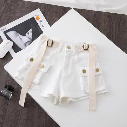 Rétro armée vert vêtements de travail Denim Shorts nouvel été Cool fille Chic ceinture poche conception taille haute danse Ultra court pantalons chauds