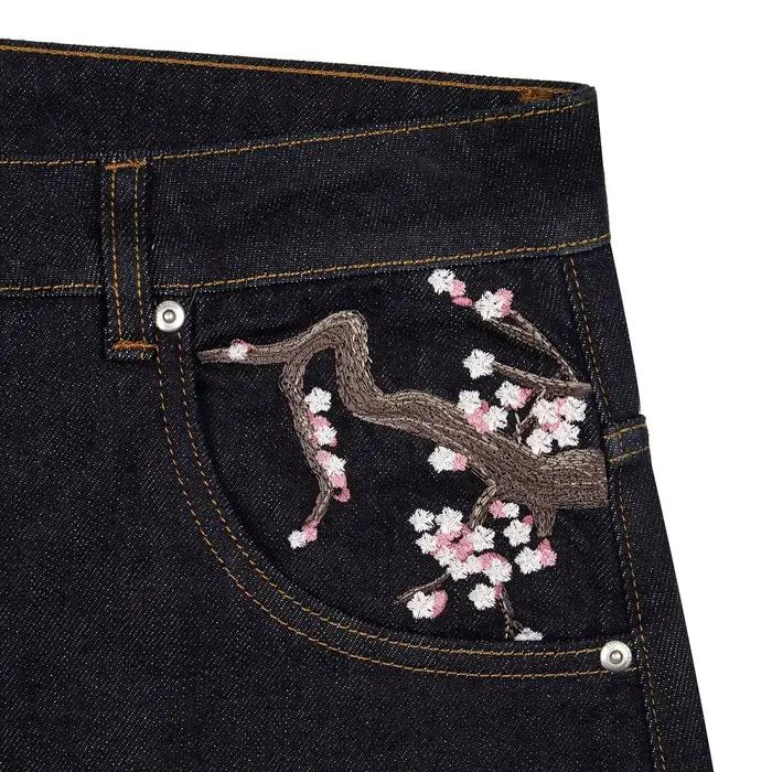 Pantalon en Denim brodé avec lisière de fleur de cerisier Y2k rétro pour hommes