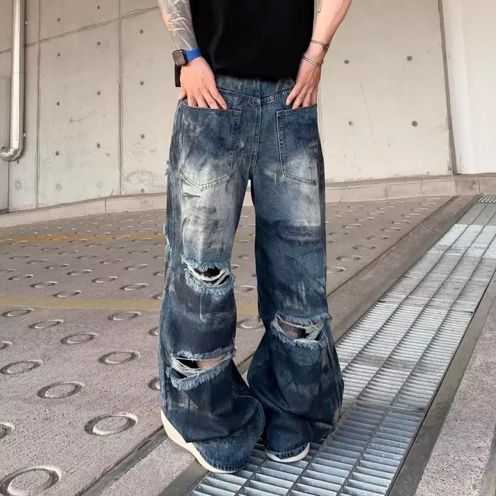 Vintage High Street Vibe hommes ample jambe droite jean délavé conception trou poinçonnage à la mode